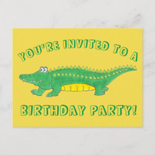 Verjaardagsfeestje Geel Groen Alligator Krokodil Uitnodiging Briefkaart