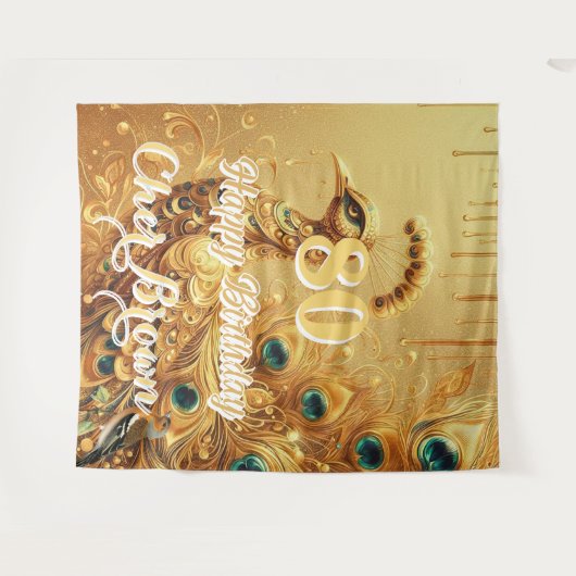 Verjaardagsfeestje Goud Druppelend | Glitter Pauw Wandkleed (Voorkant (horizontaal))