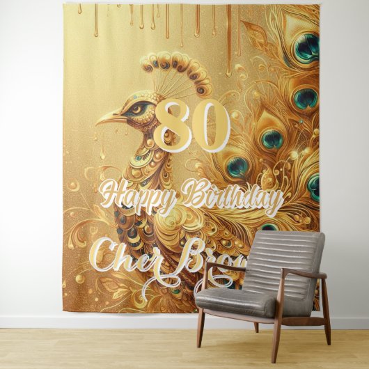 Verjaardagsfeestje Goud Druppelend | Glitter Pauw Wandkleed (In situ)