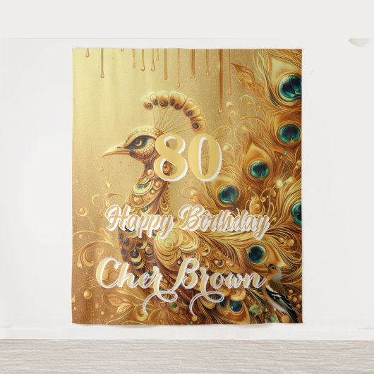 Verjaardagsfeestje Goud Druppelend | Glitter Pauw Wandkleed (Voorkant)