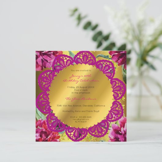 Verjaardagsfeestje Gouden Bloemen Pioen Roze Groen Kaart (Staand voorkant)