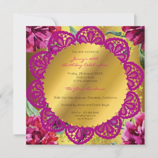 Verjaardagsfeestje Gouden Bloemen Pioen Roze Groen Kaart (Voorkant)