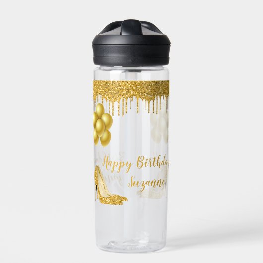 Verjaardagsfeestje Gouden Glitter look Waterfles (Voorkant)