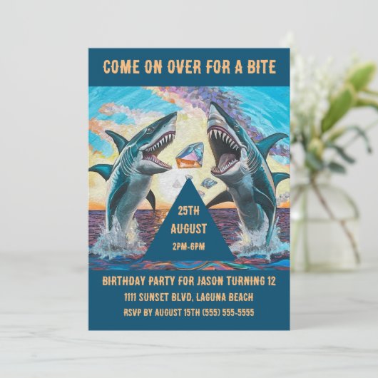 Verjaardagsfeestje-Haai Kauwt Glanzende Edelstenen Kaart (Staand voorkant)