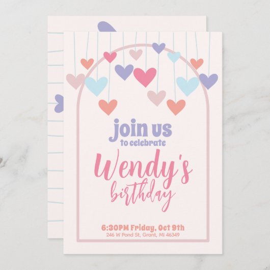 Verjaardagsfeestje hart ballonnen Cute uitnodiging (Voorkant / Achterkant)