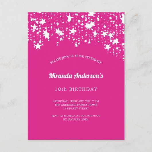 Verjaardagsfeestje heet roze witte sterren meisje uitnodiging briefkaart (Voorkant)