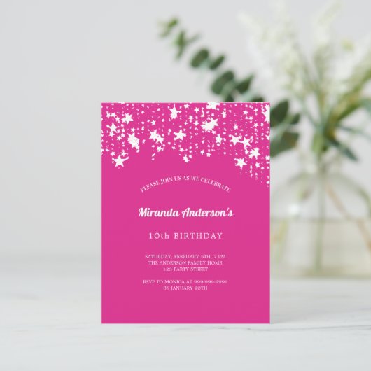 Verjaardagsfeestje heet roze witte sterren meisje uitnodiging briefkaart (Staand voorkant)