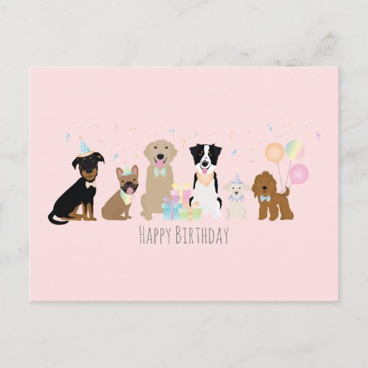 Verjaardagsfeestje Honden Roze Briefkaart (Voorkant)