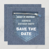 Verjaardagsfeestje Houd het Zipped Denim Save The Date (Voorkant / Achterkant)