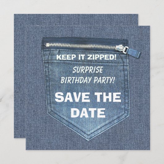 Verjaardagsfeestje Houd het Zipped Denim Save The Date (Voorkant / Achterkant)
