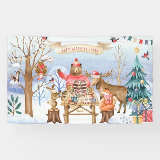 Verjaardagsfeestje in het bos winter welkom spandoek (Horizontaal)