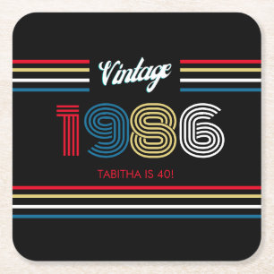 Verjaardagsfeestje in retro stijl met strepen 1986 kartonnen onderzetters