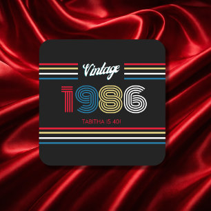 Verjaardagsfeestje in retro stijl met strepen 1986 kartonnen onderzetters
