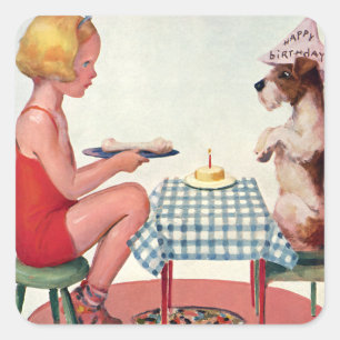 Verjaardagsfeestje in vintage stijl, meisje met hu vierkante sticker