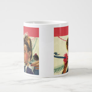 Verjaardagsfeestje in vintage stijl, meisje met la grote koffiekop