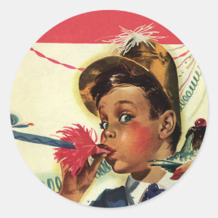 Verjaardagsfeestje in vintage stijl, meisje met la ronde sticker