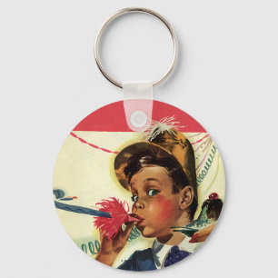 Verjaardagsfeestje in vintage stijl, meisje met la sleutelhanger
