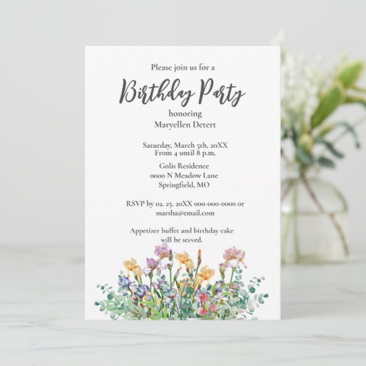 Verjaardagsfeestje Irissen en Groen Uitnodiging (Staand voorkant)