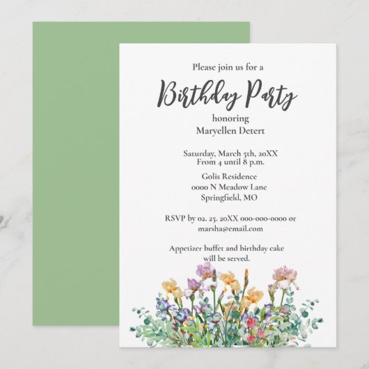 Verjaardagsfeestje Irissen en Groen Uitnodiging (Voorkant / Achterkant)