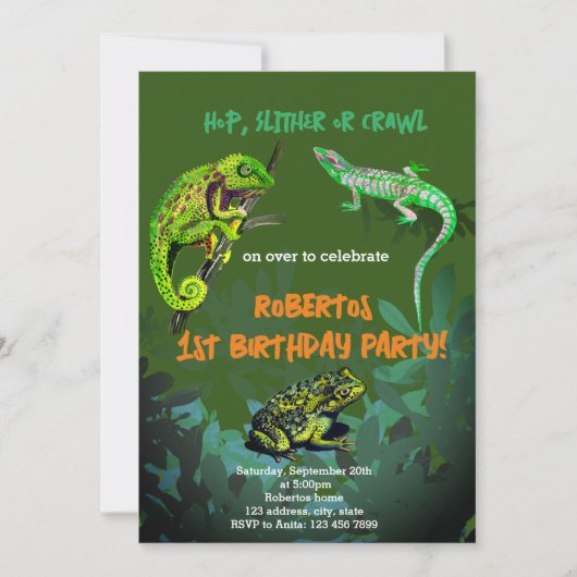 Verjaardagsfeestje jongen kameleon, hagedis, kikke kaart (Voorkant)