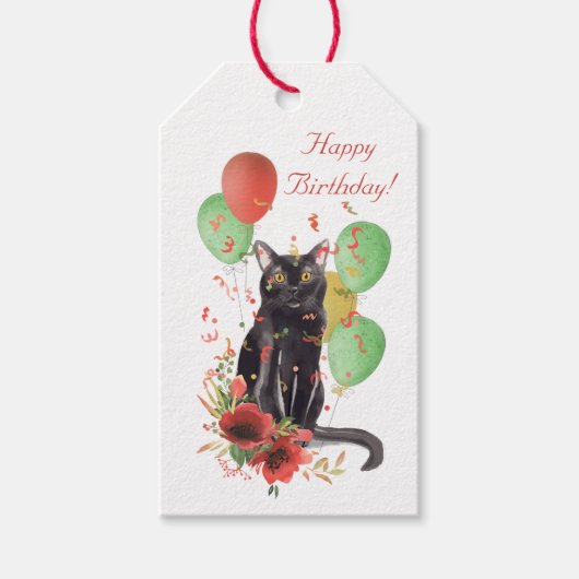 Verjaardagsfeestje kat met ballonnen kleurrijke ca cadeaulabel (Voorkant)