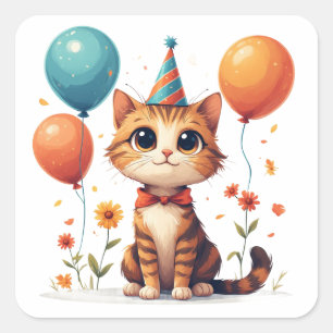 Verjaardagsfeestje Kitten Met Ballonnen En Hoed  Vierkante Sticker
