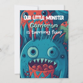 Verjaardagsfeestje kleine monster blauw rood kaart