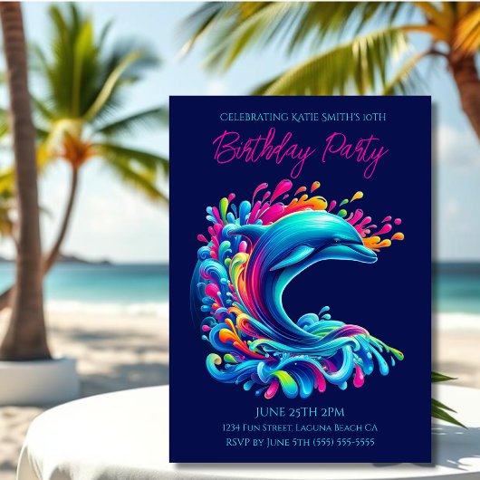 Verjaardagsfeestje- Kleurrijke Dolphin Splash Kaart