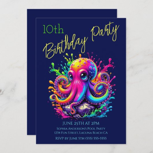 Verjaardagsfeestje- Kleurrijke Octopus Plons Kaart (Voorkant / Achterkant)