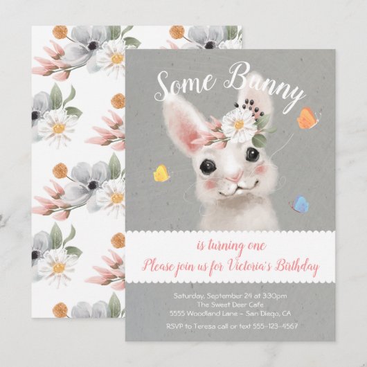 Verjaardagsfeestje konijn kaart (Voorkant / Achterkant)