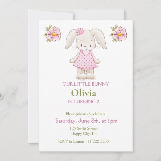 Verjaardagsfeestje Konijntje Meisje Roze Uitnodigi Kaart (Voorkant)