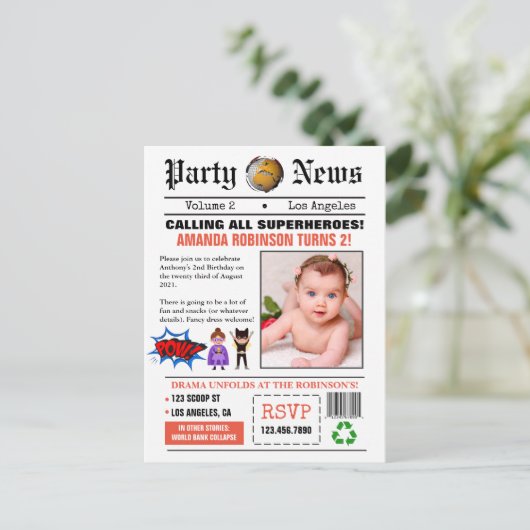 Verjaardagsfeestje Krant Superhelden Foto Briefkaart (Staand voorkant)