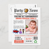 Verjaardagsfeestje Krant Superhelden Foto Briefkaart (Voorkant / Achterkant)