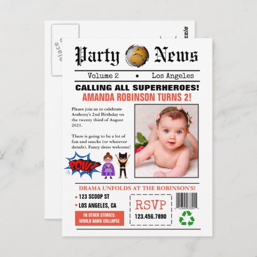 Verjaardagsfeestje Krant Superhelden Foto Briefkaart (Voorkant / Achterkant)