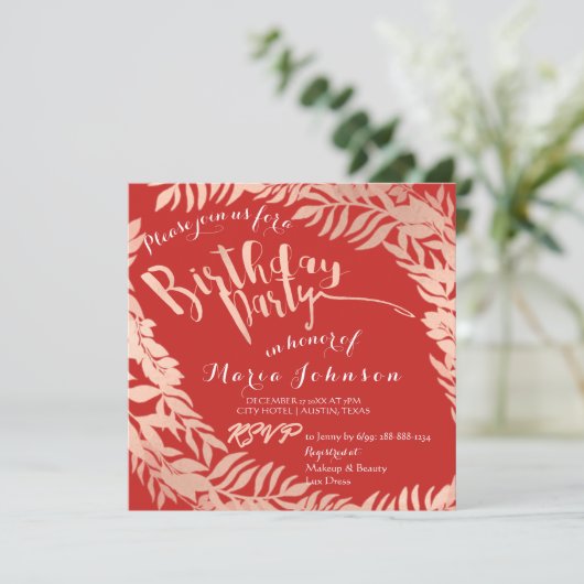 Verjaardagsfeestje  Leafs Krans Rood Roze Rose Gou Kaart (Staand voorkant)