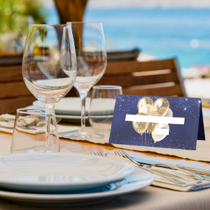 Verjaardagsfeestje marine blauw gouden ballonnen n plaatskaartje