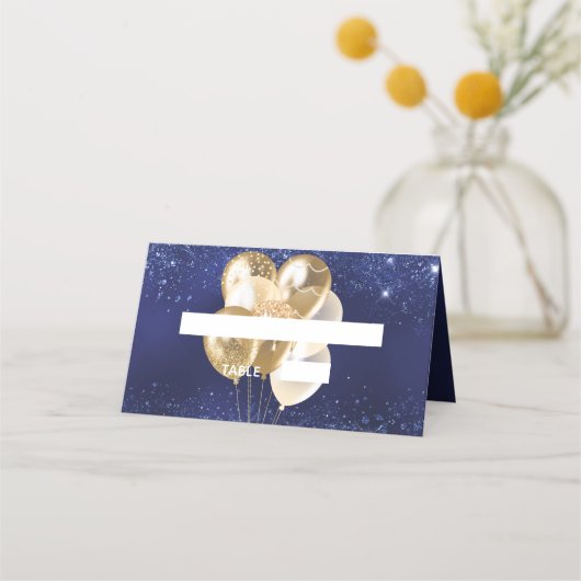 Verjaardagsfeestje marine blauw gouden ballonnen n plaatskaartje (Voorkant)
