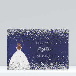 Verjaardagsfeestje marine blauwe jurk glitter gastenboek