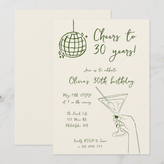 Verjaardagsfeestje Meisje Cocktail Disco uitnodigi Kaart (Voorkant / Achterkant)