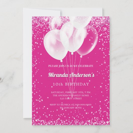 Verjaardagsfeestje meisje hot roze witte ballonnen kaart (Voorkant)