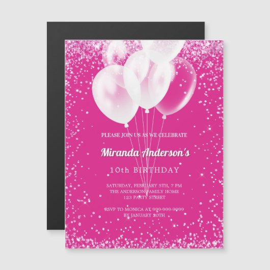 Verjaardagsfeestje meisje hot roze witte ballonnen magnetische uitnodiging (Voorkant / Achterkant)