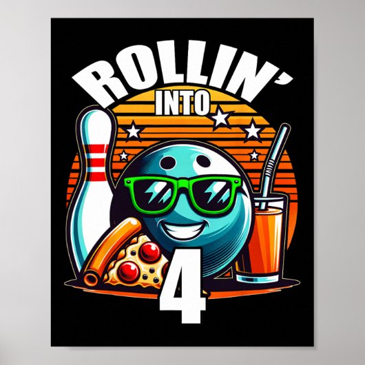 Verjaardagsfeestje met 4 Bowling Rollen 4de Verjaa Poster (Voorkant)