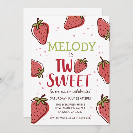 Verjaardagsfeestje met aardbei •  Twee zoete uitno Kaart (Voorkant / Achterkant)