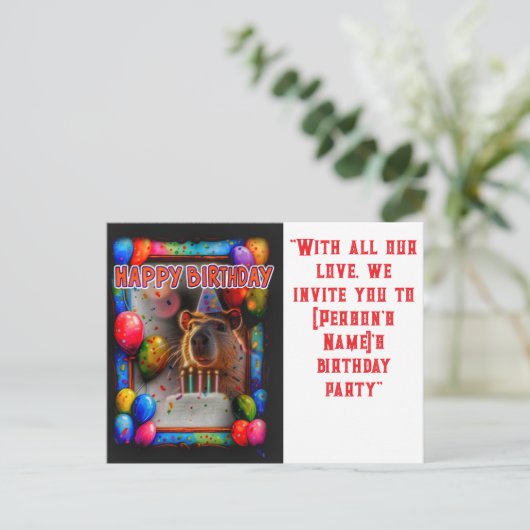 Verjaardagsfeestje met capybara nieuw en interessa briefkaart (Staand voorkant)