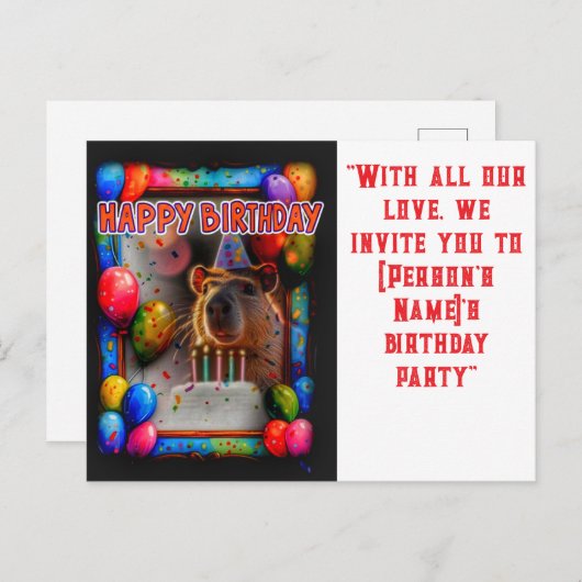 Verjaardagsfeestje met capybara nieuw en interessa briefkaart (Voorkant / Achterkant)