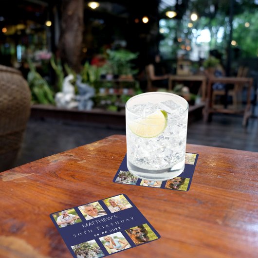 Verjaardagsfeestje met foto collage in marineblauw kartonnen onderzetters