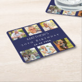 Verjaardagsfeestje met foto collage in marineblauw kartonnen onderzetters (Schuin)