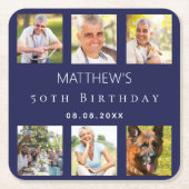 Verjaardagsfeestje met foto collage in marineblauw kartonnen onderzetters (Voorkant)