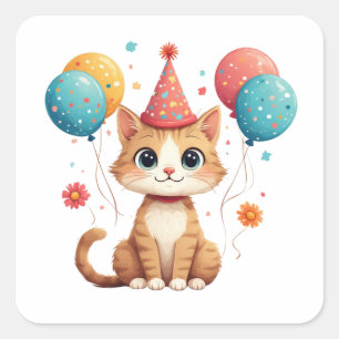 Verjaardagsfeestje met knuffelkattenhoed en ballon vierkante sticker