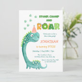 Verjaardagsfeestje met leuk dinosaurus stamp chomp kaart (Staand voorkant)